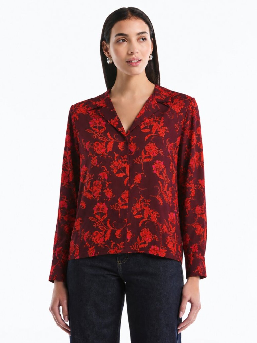 Rafaella Floral Collared Blouse Windsor Wine Large NWT
